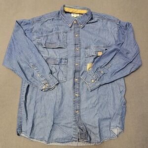 Vintage Trail Designs Denim Utility Shirt Mens Cotton 100% Pocket Long Sleeve L